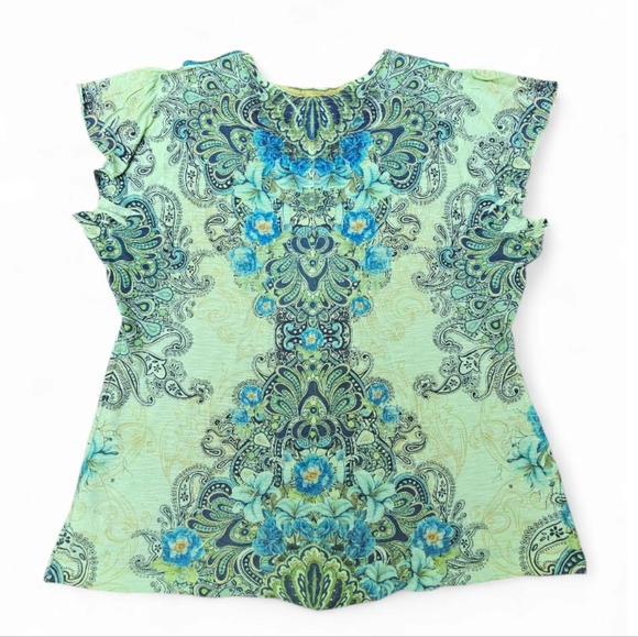 Energe By One World Cato Blue Psychedelic Pattern Boho Tee, Size XL - Picture 2 of 5